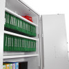 Phoenix fire ranger 1511 key lock showing an open white cabinet with hanging green files and a red box on the top shelf