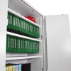 Phoenix fire ranger 1512 electronic lock with shelves holding rows of green hanging files inside a white cabinet