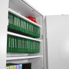 phoenix fire ranger 1512 key lock cabinet with hanging green files and a red box inside