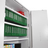 phoenix fire ranger 1514 electronic lock with shelves inside showing hanging files and a red box