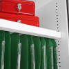 Close-up of lock inside phoenix fire ranger size 4 fireproof safe with electronic keypad and red exterior