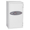 Front view of a white phoenix fire commander 1911 safe with a digital keypad and handle visible