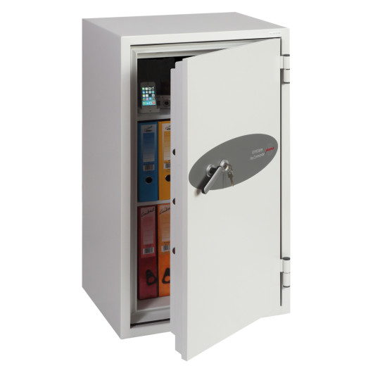 phoenix fire commander 1911 safe with door open showing files and a device inside