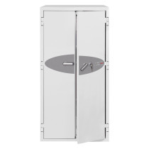 Front view of the phoenix fire commander 1913 safe with one door slightly open showing the handle and lock area