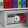 Phoenix fire commander 1914 electronic lock installed in a shelf with cassette tapes and a CD case shown as optional data insert