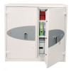 cream coloured safe with door open and files and money inside