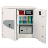 cream coloured safe with files and money inside and door open