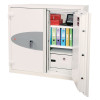 cream coloured safe with door open and files and money inside
