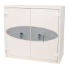 cream coloured safe with doors shut and key in lock