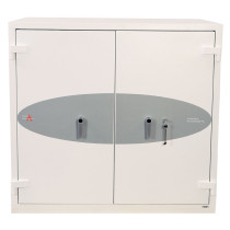 cream safe with doors closed and key in lock
