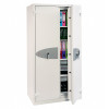 phoenix fire commander pro fs1922 electronic lock on a white door slightly ajar showing inside folders and shelves