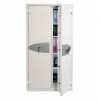 Phoenix fire commander pro fs1922 electronic lock shown on a tall white cabinet with the door ajar revealing contents inside