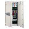 phoenix fire commander pro fs1922 electronic lock on a cabinet door shown half open revealing shelves with folders and a laptop