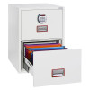 phoenix world class vertical fire file 2252 safe with the file drawer open showing colourful hanging folders inside