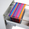 phoenix world class vertical fire file electronic lock with drawer fully open showing coloured hanging files inside