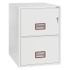Angled view of phoenix world class vertical fire file 2252 safe with two drawers and key lock on top drawer