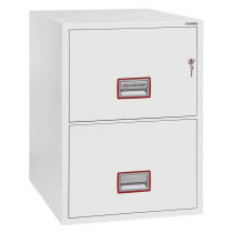 Angled view of phoenix world class vertical fire file 2252 safe with two drawers and key lock on top drawer