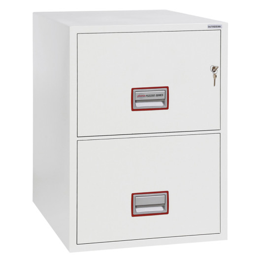 Angled view of phoenix world class vertical fire file 2252 safe with two drawers and key lock on top drawer