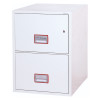 front view of the phoenix world class vertical fire file 2252 safe showing two drawers in white with handles and a lock