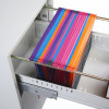 angled view of phoenix world class vertical fire file electronic lock showing inside with colourful hanging files