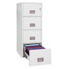 phoenix world class vertical fire file 2254 safe with bottom drawer open showing colourful hanging file folders inside