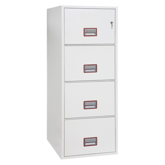 phoenix world class vertical fire file 2254 safe shown from the front on a white background with four drawers and key lock