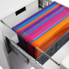Phoenix world class vertical fire file key lock showing colourful lateral files inside open drawer