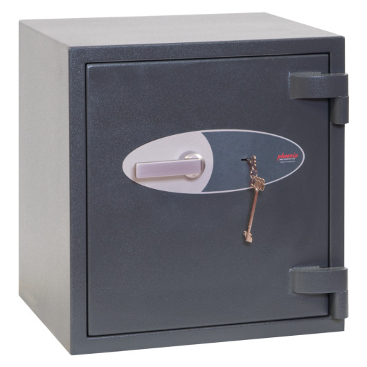 Phoenix Mercury HS2051 security safe shown from an angled view with handle and key inserted in the lock