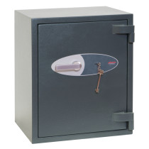 phoenix mercury hs2052 security safe shown from an angled view with a key in the lock and a handle on the door