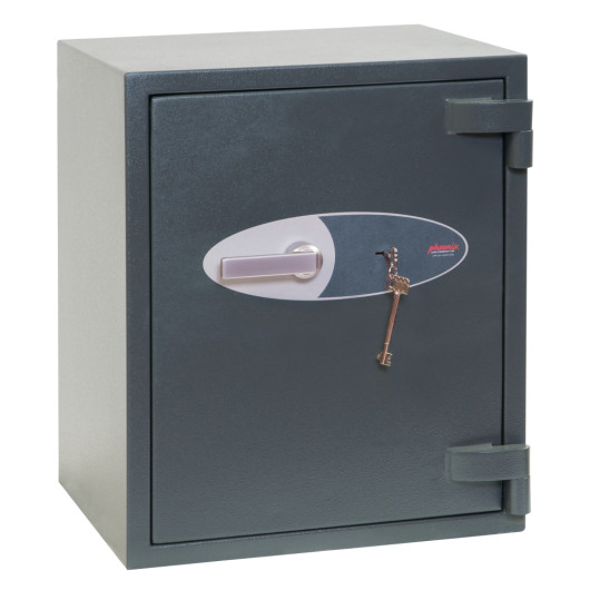 phoenix mercury hs2052 security safe shown from an angled view with a key in the lock and a handle on the door