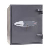 Front view of the grey Pshs2053K Phoenix Mecury Security Safe showing the handle and key lock