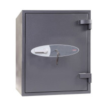 Front view of the grey Pshs2053K Phoenix Mecury Security Safe showing the handle and key lock