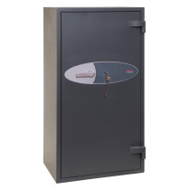 angled view of phoenix mercury hs2054 security safe showing front and side of the safe in dark grey color