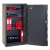 phoenix mercury hs2054 security safe fully open showing three red shelves with various office supplies and documents inside