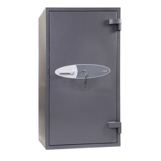 Pshs2055K Phoenix Mecury Security Safe Front showing closed grey safe with key lock and handle