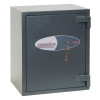angled view of a dark grey phoenix elara hs3552 security safe with handle and key in lock