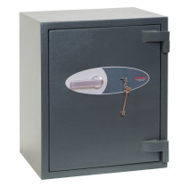 angled view of a dark grey phoenix elara hs3552 security safe with handle and key in lock