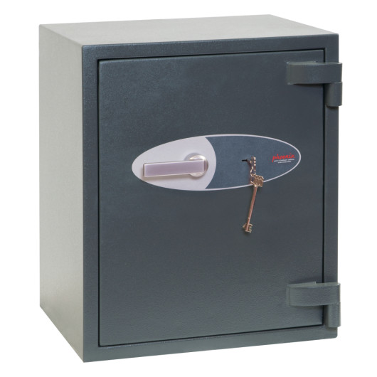 angled view of a dark grey phoenix elara hs3552 security safe with handle and key in lock