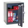 Open door of phoenix elara hs3552 security safe showing folders keys camera and small documents inside