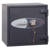 Angled view of the phoenix planet hs6071 security safe showing the keypad, handle, and key lock mechanism