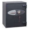 angled view of a dark grey phoenix planet hs6072 security safe with keypad and key lock