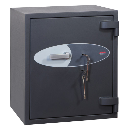 angled view of a dark grey phoenix planet hs6072 security safe showing the front with handle and two hanging keys