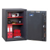 phoenix planet hs6073 security safe fully open showing red shelves and various stored items inside