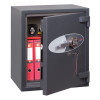phoenix cosmos hs9072 security safe with door ajar showing red lever arch files and an electronic lock keypad