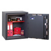 Open phoenix cosmos hs9072 security safe showing two shelves with folders, boxes, a passport, and keys inside