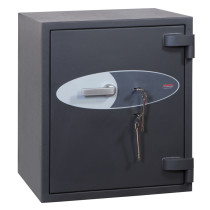 Angled view of the phoenix cosmos hs9072 security safe showing the front with handle and two keys hanging in the lock