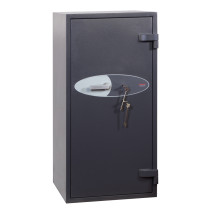 Angled view of the phoenix cosmos hs9074 security safe showing the front door with handle and keys inserted