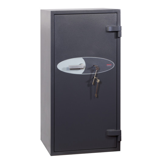 Angled view of the phoenix cosmos hs9074 security safe showing the front door with handle and keys inserted