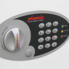 Close up of the phoenix electronic key safe keypad with numbered buttons and turn dial on a white surface