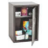 phoenix vela 0804e safe with door open showing a passport, camera, watch, tablet, phone box, and rolled cash inside